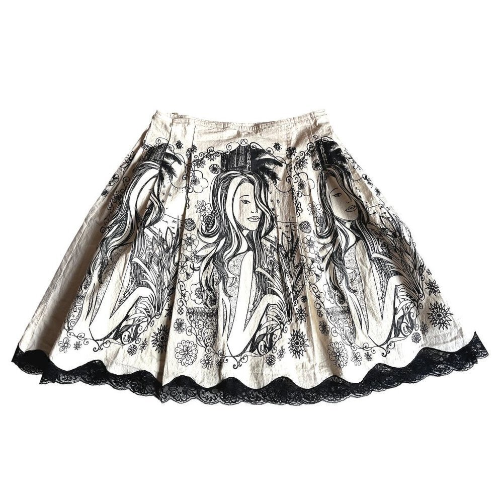 Rare Handmade Skater Circle Skirt Drawing of a Lady Size M